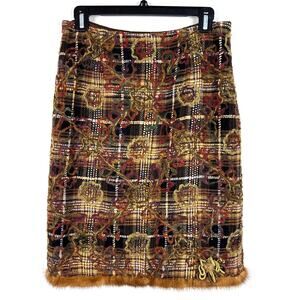 Vintage Y2K Twee Pencil Skirt Brown Tweed Silk Mohair with Fur trim sara jane 6